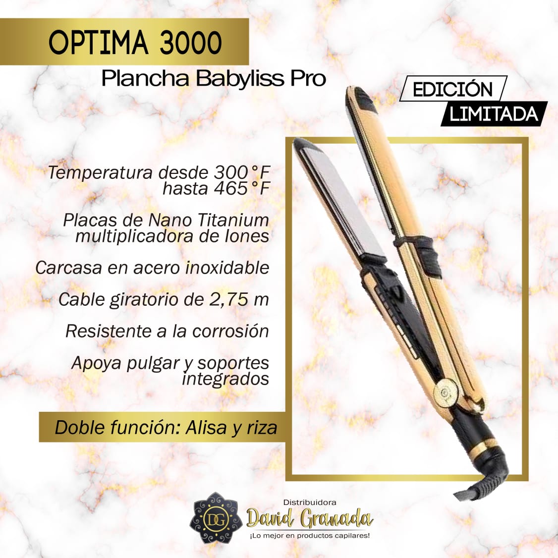 Plancha Optima 3000 Dorada - Distribuidora David Granada